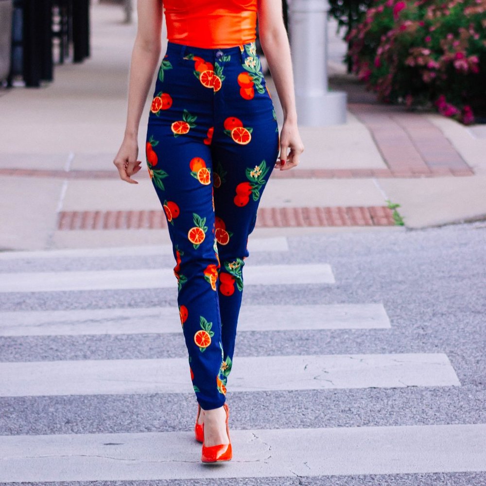 Collectif Citrus Orange Print High Waist Skinny Jeans Leggings